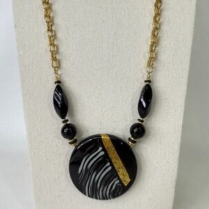 Vintage Gold Chain Necklace Black Beads Large Medallion Pendant Retro Chunky 80s